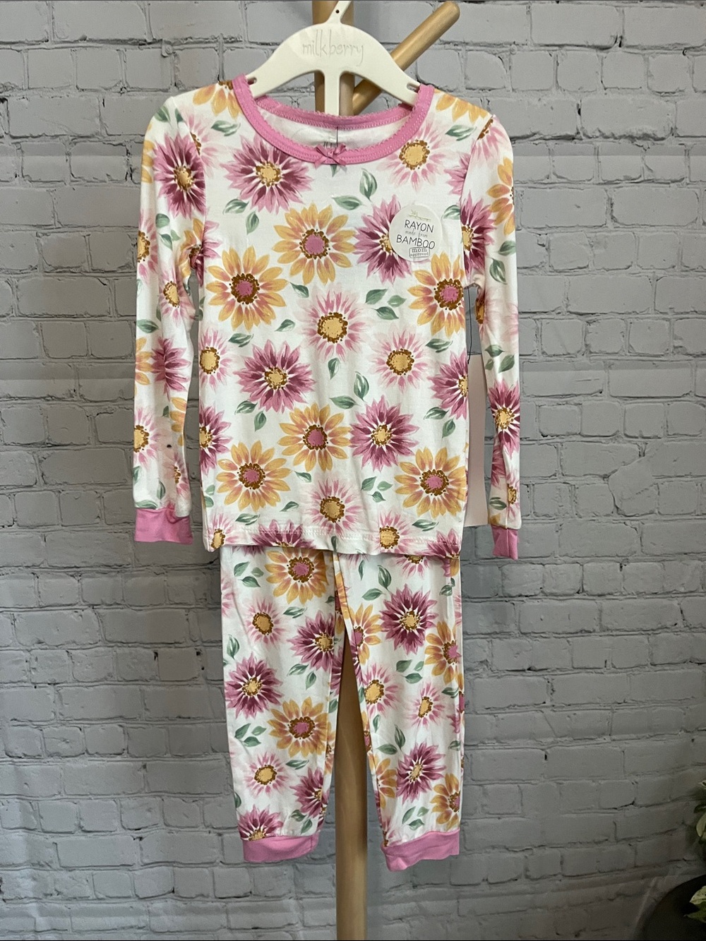 NEW Milkberry Kids Floral Sunflower Pajama Set - Pink Trim